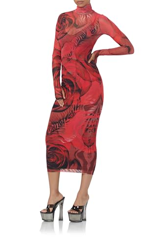 Women's Shailene Turtleneck Long Sleeve Mesh Bodycon Midi Dress2