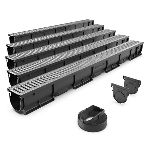 VODALAND - Canaleta de Drenaje Easy 1 con Rejilla de Acero Galvanizado - Kit de 5 Metros | Drenaje Eficiente y Estético para Jardines, Terrazas y Áreas Exteriores | Solución Perfecta para tu Espacio