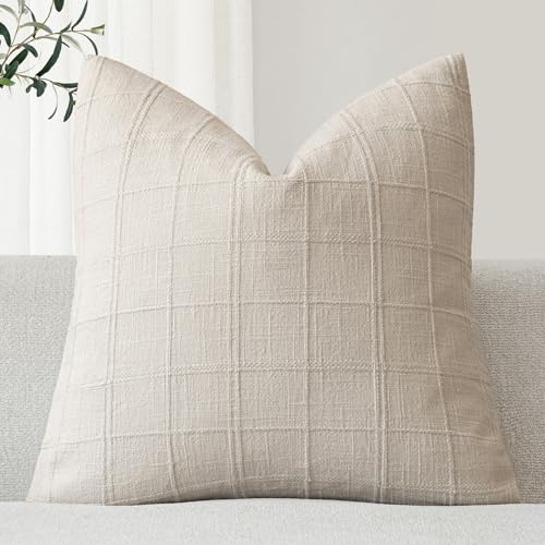 Foindtower Set of 1 Decorative Linen Check Throw Pillow Cover Neutral Farmhouse Vintage Cushion Cover Modern Boho Home Decor for Sofa Chair Couch Bedroom Living Room,18×18 Inch,Natural Beige