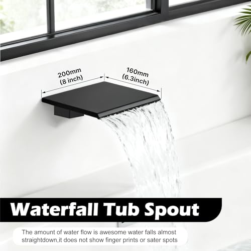 Midanya Shower System with Tub Spout,Bathtub Shower Faucet Set with Square Rainfall Head and Handheld Sprayer Wall Mount Tub Faucet Set with Valve and Trim Kit,8 Inch Matte Black