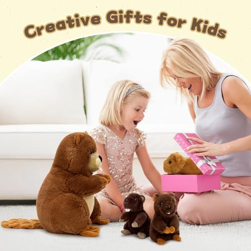 Image of MaoGoLan 4Pcs Beaver Stuffed Animals with Three Babies Inside,17.7 inch Fluffy Giant Beaver Plush Gift,Funny Beave Plushie Woodland Toys for Kids,Teens,Baby Shower,Christmas