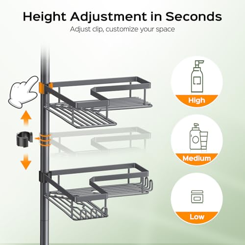 Image of HAMITOR Corner Shower Caddy, 4-Tier Shampoo Shelf Tension Pole, 47-123 inch | Rustproof Bathroom Storage with Soap Holder, No-Drill, Adjustable, Space-Saving Bathtub Organizer For Family, Renters Gray