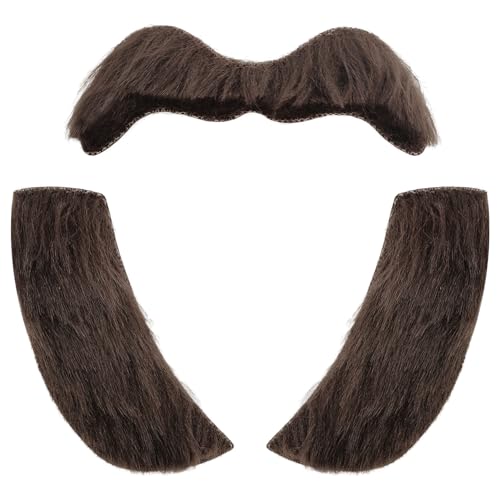 EMORBALS Fake Mustache Fake Sideburns Self-Adhesive Brown Beard Costume for Teens and Adults(Brown)