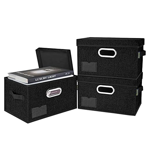 BALEINE Storage Bins with Lids, Foldable Linen Fabric Storage Boxes with Lids, Collapsible Closet Organizer Containers with Cover for Home Bedroom Office (3 Pack Black Medium)