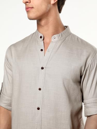 Image of Urbano Fashion Men's Linen Blend Full Sleeve Relaxed Fit Mandarin Collar Casual Solid Shirt