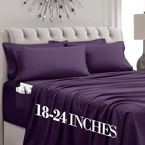 Image of Mocassi Luxury 4-Piece Sheet Set, Ultra Soft 1800 Premium Hotel Quality Microfiber Sheet Set, Fits Mattresses Up to 18 to 24 Inches Extra Deep Pocket - Breathable and Secure Fit, Twin XL, Purple