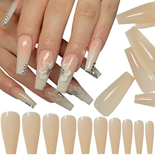 LuckForever 500pc Painted Coffin Press on Nails Full Cover Beige Nude False Nails Ballerina Shaped Acrylic Nail Tips Women Teen Girls Decor for Salon and Home DIY (Beige)