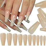 LuckForever 500pc Painted Coffin Press on Nails Full Cover Beige Nude False Nails Ballerina Shaped A