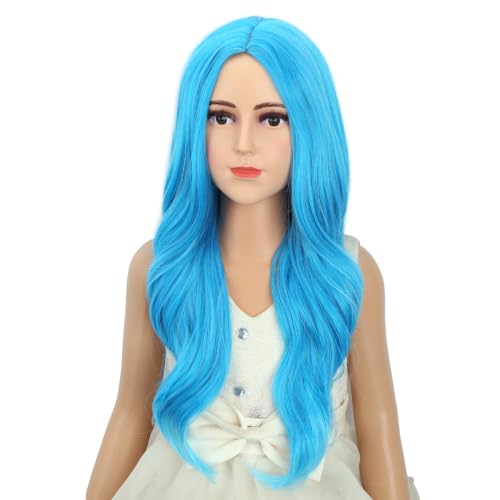 Image of Girls Blue Ombre Wig Kids Long Mixed Light Blue Middle Part Wig Ombre Wavy Curly Wigs for Children Heat Resistant Synthetic Wigs with Cap