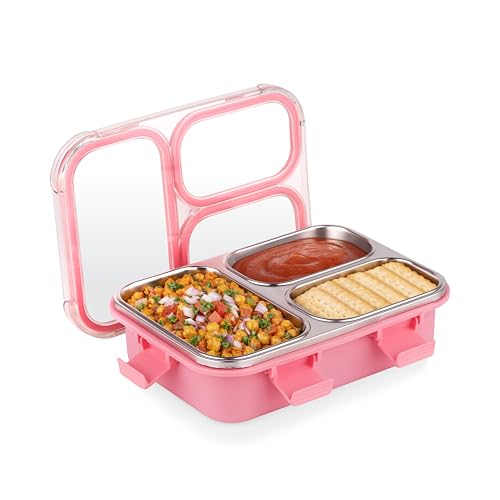Image of ATTRO Trio Meal Stainless Steel Lunch Box with 3 Partition, Microwave Safe, Airtight Leakproof Silicone Seal Lid, BPA-Free Food Grade Tiffin Box for Office School Kids - 600ml - Pink