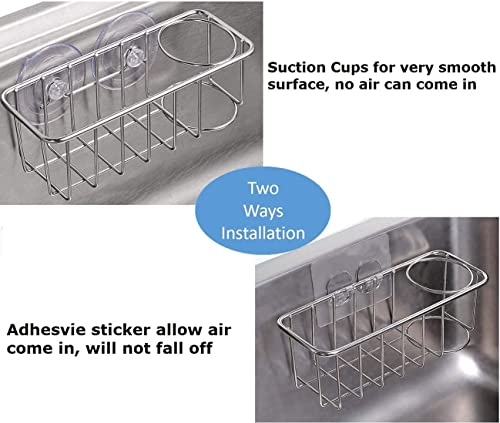 Tesot Sink Caddy Sponge Holder Brush Holder 2 In 1 With Upgraded Suction Cups Or Using Adhesive Hooks, Sus304 Stainless Steel, Silver #TOP3