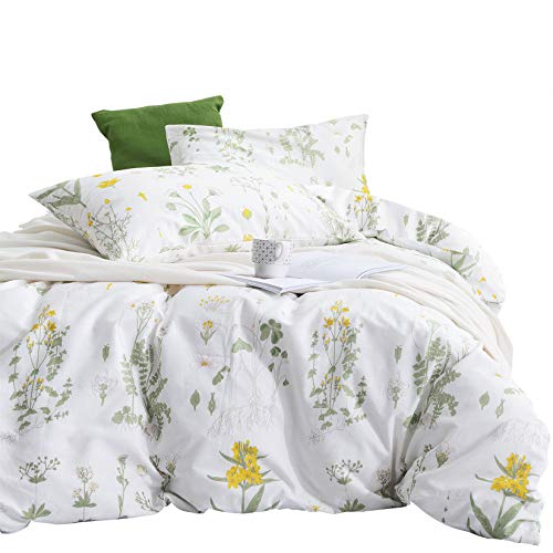 Wake In Cloud - Botanical Quilt Cover Set, 100% Cotton Doona Cover Bedding, Yellow Flowers and Green Leaves Floral Garden Pattern Printed on White (3pcs, Queen Size)