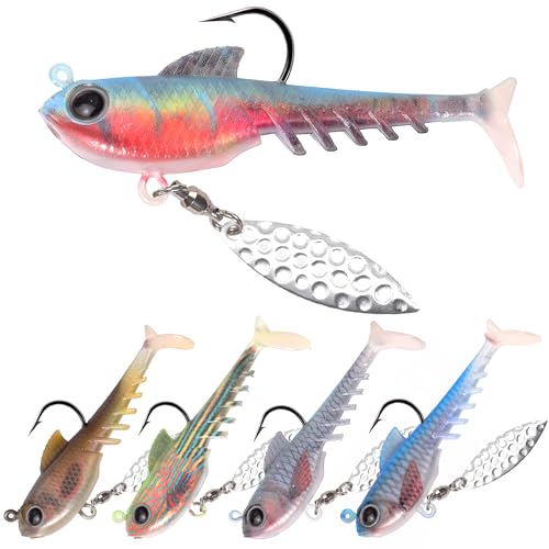 FishTrip 5Pcs Paddle Tail Swim Baits, Pre-Rigged Jig Heads Soft Fishing Lures with Spinner, 3D Eyes...