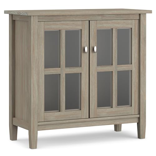 SIMPLIHOME Warm Shaker Storage Cabinet - 32 inch Wide Solid Wood 2-Shelf Low Storage Cabinet in Distressed Grey, Transitional Accent Cabinet for Entryway with Tempered Glass Doors and Shelves