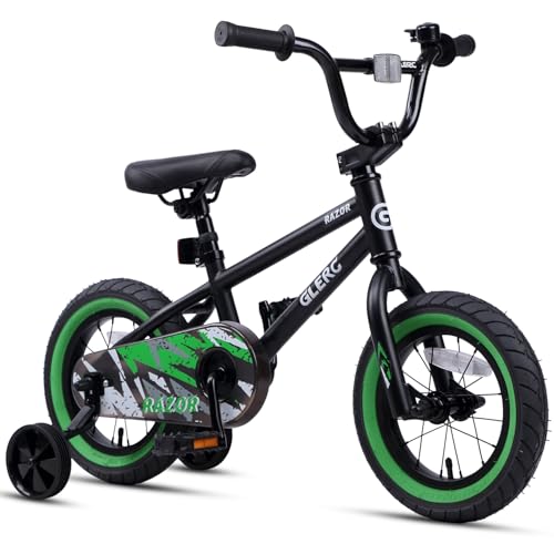 Glerc Kids Bike for Ages 1-4 Years Old 12 Inch BMX Style Kids Bicycle with Training Wheels Boys Bike for Children and Toddler Black and Green