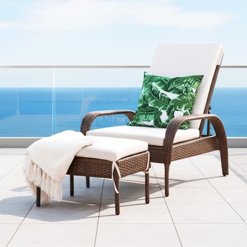 Image of DEVOKO Outdoor Wicker Patio Loung Chair with Ottoman Set All Weather HDPE Rattan Strong Metal Frame Weather Resistant Cushions for Poolside,Garden, Balcony (Dark Brown & White)