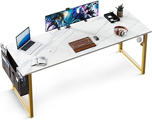 ODK 63 inch Super Large Computer Writing Desk Gaming Sturdy Home Office Desk, Work Desk with A Storage Bag and Headphone Hook, White Marble + Gold Leg