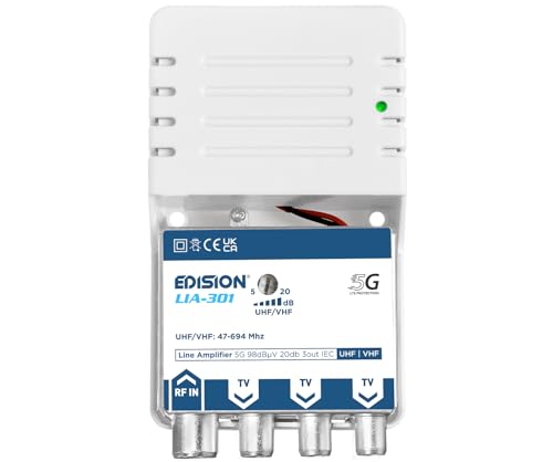 EDISION LIA-301 Hausanschlussverstärker UHF/VHF, 5-20db, 98dBmV, Frequenzbereich 47-694Mhz, geeignet für Kabelfernsehen, Terrestrisch und Radio, 5G LTE Filter, 1 Eingang, 3 Ausgänge, IEC Anschlüsse