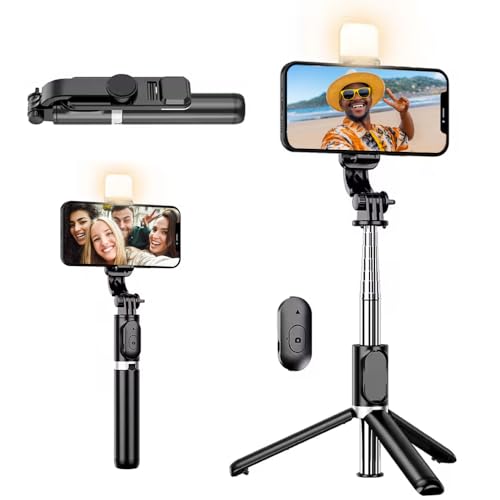 Bastão de Selfie com LED Tripé, Controle Bluetooth Remoto, Rotação 360°, Extensível até 1 Metro, Luz Compatível com iPhone e Android – Leve, Portátil, 3 em 1