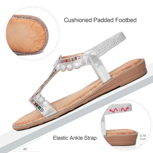 Image of iCKER Womens Rhinestone Strappy Flat Sandals Elastic Ankle Strap Open‑Toe