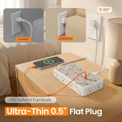 Image of 6 FT Surge Protector Power Strip with 6 USB, 16 Outlets, 2400J