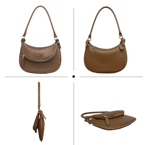 Image of Texture Underarm Shoulder Bag for Women,PU Leather Vintage Crescent Double Layer Hobo Handbag