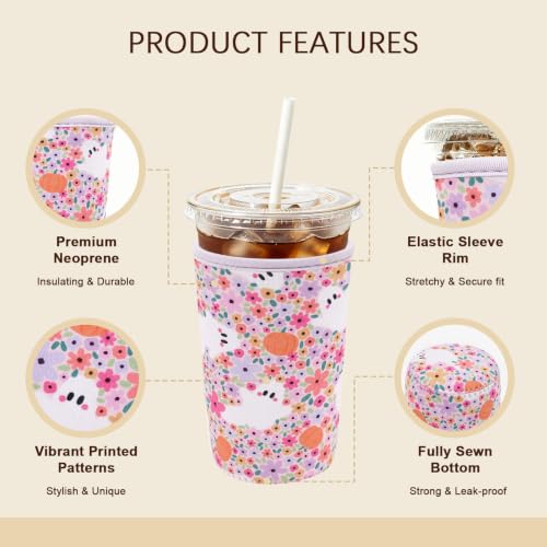 Image of Insulated Neoprene Cup Sleeve for Iced Coffee & Cold Soda - Reusable & Sweatproof, Keeps Drinks Cold Longer, Coffee Coolie for Hot & Iced Drinks (Halloween Ghost & Floral, Small: 16-18oz)