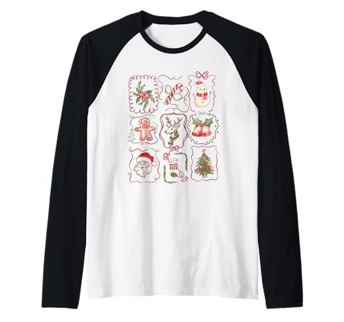 Lindo Collage de Navidad Retro árbol de Papá Noel Reno Pan de Jengibre Camiseta Manga Raglan