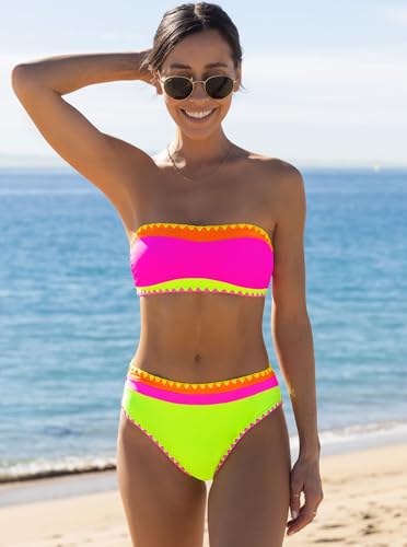 Image of popvil Bikini Sets for Women Bandeau Swimsuits Strapless Two Piece Bathing Suits Neon Swimwear for Beach Vacation 2026
