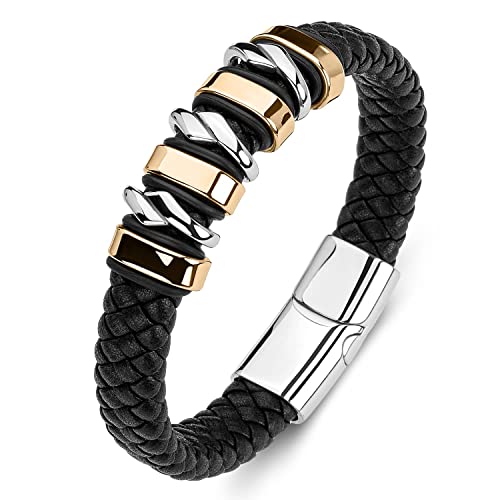 Zimojie Mens Black Genuine Leather Bracelet For Men Boys Stainless Steel Magnetic Clasp Personality Bracelets For Husband Boyfriend Dad Gifts #TOP25