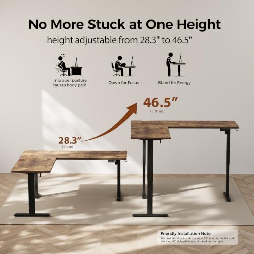 Image of Agilestic 63 x 55 Inch L Shaped Standing Desk Adjustable Height, Corner Standing Desk, Sit Stand Up Computer Table, Splice Board, Rustic Brown