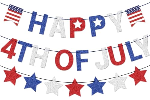Image of 4th of July Banner Red White Blue Glitter Happy 4th of July Banner and Star Garland for Independence Day Memorial Day Patriotic Party Decorations