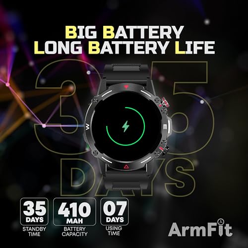 ساعة ArmFit HULK الذكية مع شاشة AMOLED تعمل دائمًا للرجال، ساعة ذكية مقاومة للماء مع مكالمات بلوتوث ومراقبة النوم والقلب لأجهزة Android وiOS (أسود)