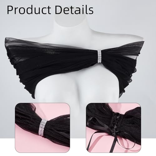 NICENEEDED Bridal Detachable Tulle Shawl, Black Wedding Strapes Puffy Dress Scarf Sleeve Shawls, Removable Shoulders Cover Up Accessory for Wedding Costume4