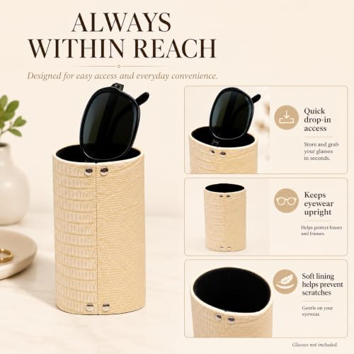 Image of Calabria Desktop Eye Glasses Holder Soft Lining Weighted Base Eyeglasses Stand Case Desks Nightstands PU Leather Mens Womens