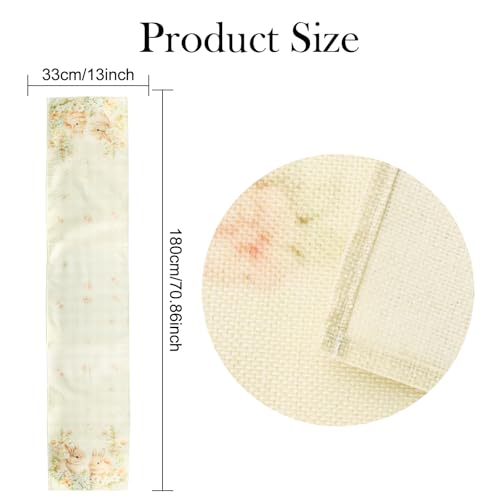 Tischläufer Ostern Osterdeko Tisch – Frühlingshafter Tischläufer mit süßen Osterhasen und Blumenkranz, waschbarer und langlebiger Stoff für Esstisch, Frühlingspartys und Familienessen, 180 x 33 cm