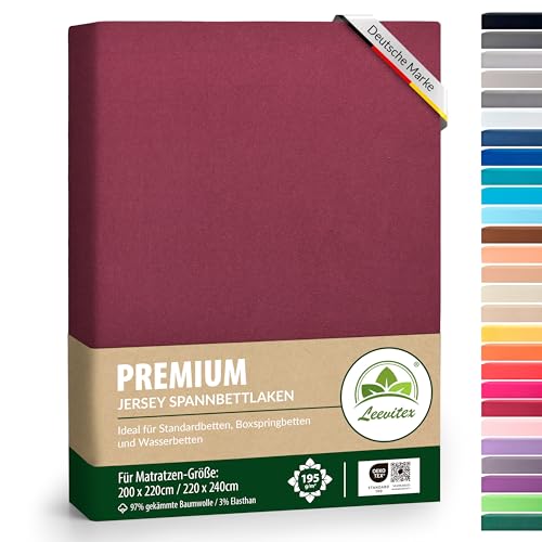 leevitex® Premium Wasserbett & Boxspringbett Spannbettlaken | Spannbetttuch | 200 x 220 bis 220 x 240 | 97% Mako-Jersey-Baumwolle | 3% Elastan | Bordeaux/Weinrot | 195 g/m²