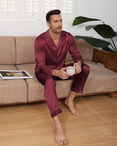 Mens Satin Pajamas Set Long Sleeve and Long Pants Silk Satin Pajamas for Men Classic Sleepwear Button Down Pjs Set3