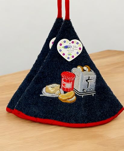 Lot de 2 Torchons Essuie Mains Petit Déjeuner - Essuie Mains Rond Eponge avec Attache - Motifs Brodés - Torchon Cuisine Rond 100% Coton - Serviette Cuisine...