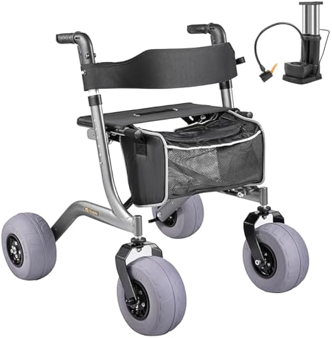 Foldable Rolling Beach Walker for Sand,All Terrain Beach Sand Mobility Walker,Foldable Walker with Seat,Adjustable Height Rolling Walker|Grey