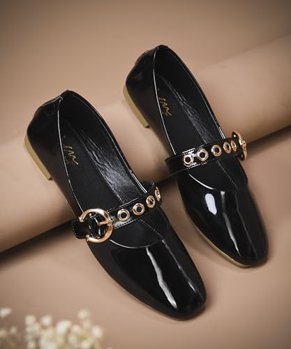 Image of JM LOOKS Modern Patent Mary Jane Flats Featuring Stylish Grommet Eyelet Straps and Adjustable Polished Metal Buckles