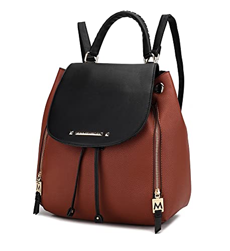 MKF Collection Mia K Mochila feminina de couro vegano, alça superior, bolsa de viagem feminina fashion, Kimberly conhaque marrom-preto, M