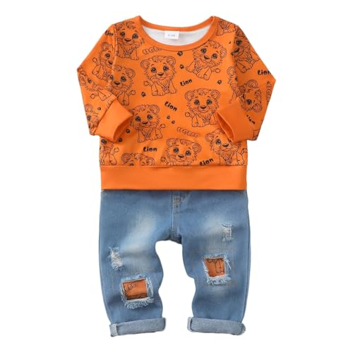 Image of KIMI BEAR Toddler Baby Boy Clothes Fall Winter Outfits Long Sleeve Letter Printed Sweatshirt Pullover Tops + Jean Pants Set