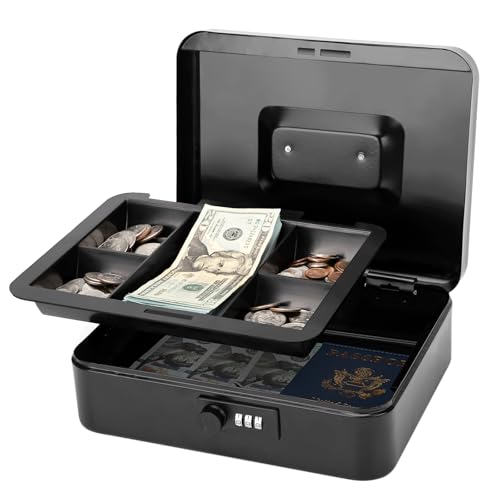Jssmst Large Cash Box with Combination Lock – Durable Metal Cash Box with Money Tray Black(9.8 x 7.9 x 3.5), SM-CB07001L