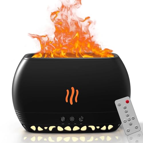 4-in-1 Colorful Flame Essential Oil Diffuser, 350ML Air Humidifier for Large Room, Bluetooth Speaker, White Noise Machine with Dimmable Night Light, Remote Control, Timer & Waterless Auto-Off