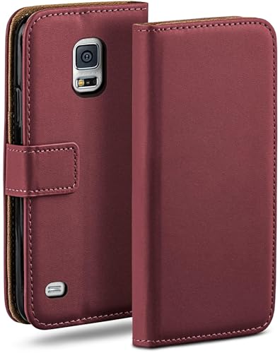 moex Funda tipo libro para Samsung Galaxy S5 Mini con compartimento para tarjetas, funda plegable de 360 grados, funda de piel sintética, color rojo