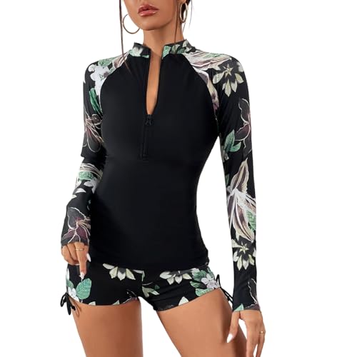 Traje de baño de dos piezas manga larga floral para surf y piscina de mujer