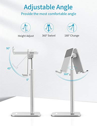 ODOSOLA Cell Phone Stand, Newly-Upgraded Angle/Height Adjustable Mobile Phone Holder for Desk Home, 4-11\'\' Eye-Level Aluminum iPad Stand Holders Compatible with iPhone iPad Kindle(Silver)