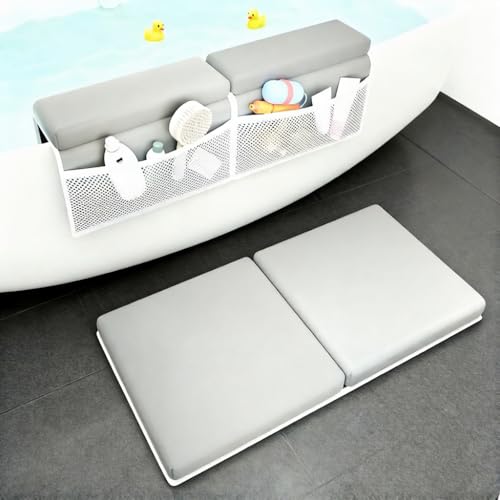 Image of Bath Kneeler and Elbow Rest Pad Set, Comfortable Baby Bath Kneeling Pad for Tub with Toy Organizer Pockets, Non-Slip Knee Pad for Bathing Baby, Quick Dry Bathtub Mat for Toddler & Infant - Grey