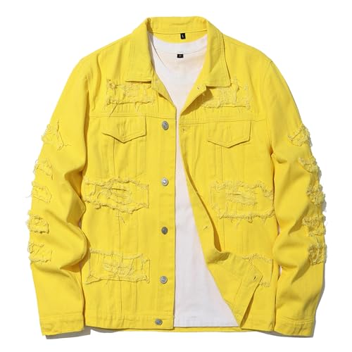 Image of Men's Denim Jacket Patchwork Fringe Jacket Slim Jean Jacket Streetwear Coat